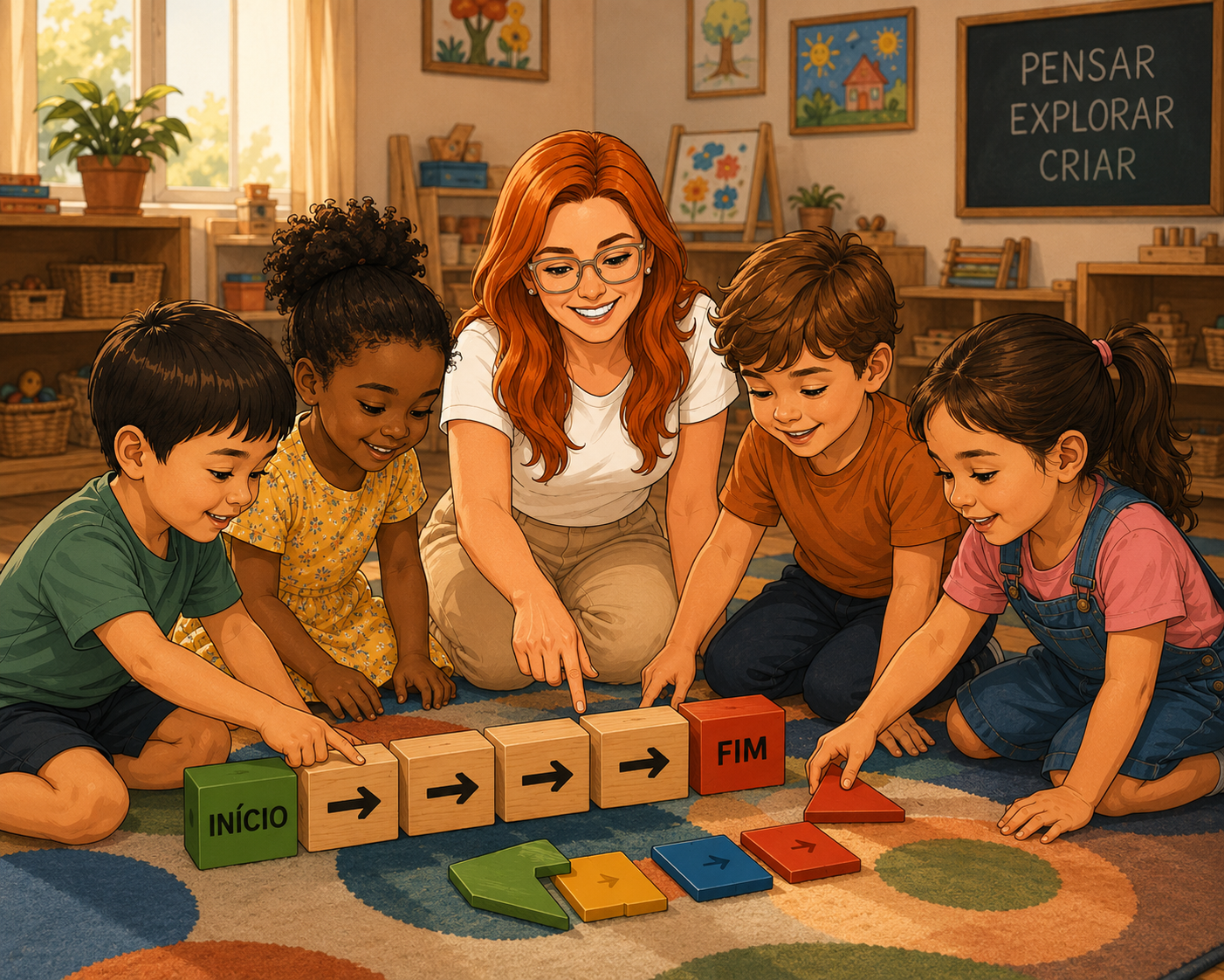 Professora e crianças realizando atividade desplugada de sequência lógica — BNCC Computação na Educação Infantil